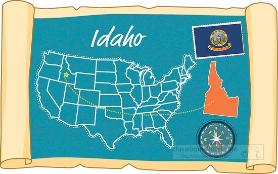 scrolled usa map showing idaho state map flag clipart