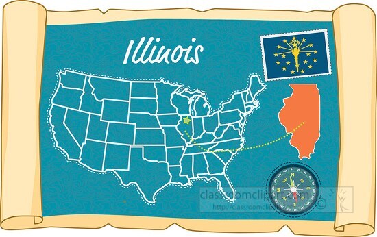 scrolled usa map showing illinois state map flag clipart