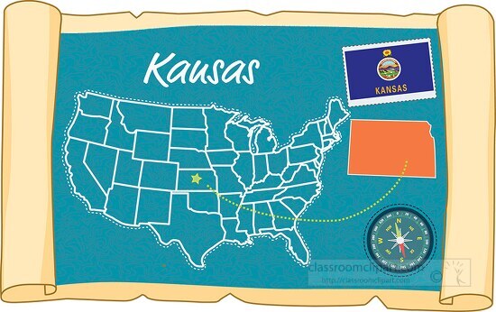 scrolled usa map showing kansas state map flag clipart