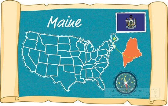 scrolled usa map showing maine state map flag clipart