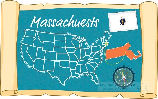 scrolled usa map showing massachusetts state map flag clipart