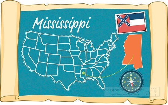 scrolled usa map showing mississippi state map flag clipart