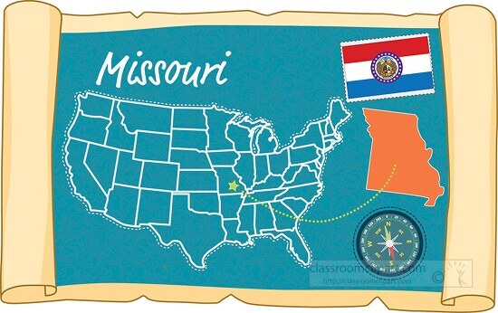 scrolled usa map showing missouri state map flag clipart