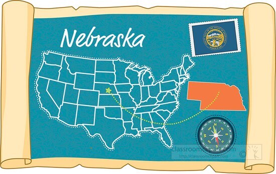 scrolled usa map showing nebraska state map flag clipart