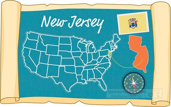 scrolled usa map showing new jersey state map flag clipart