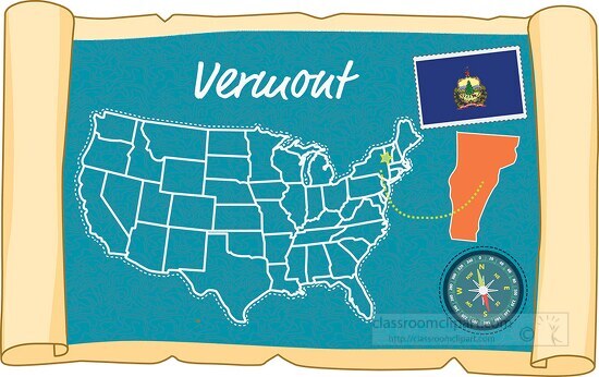 scrolled usa map showing vermont state map flag clipart