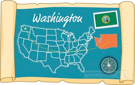 scrolled usa map showing washington state map flag clipart