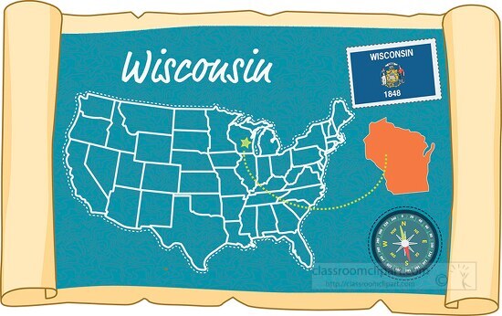 scrolled usa map showing wisconsin state map flag clipart