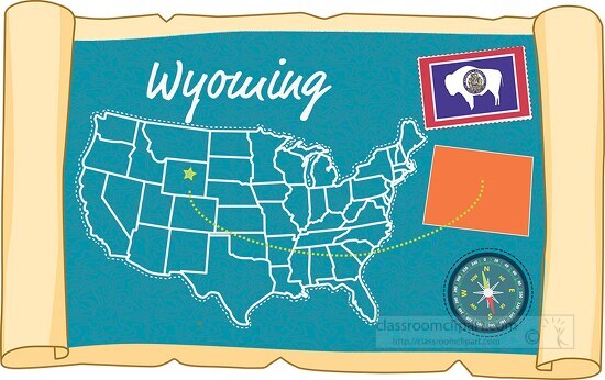 scrolled usa map showing wyoming state map flag clipart