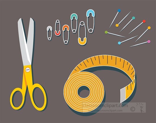 sewing items safety pins measure tape scissors clipart