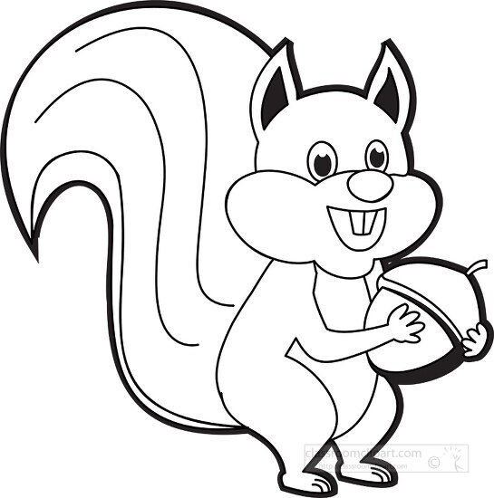 smiling cartoon squirrel character holding nut black white outli