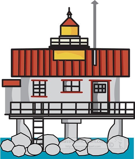 sqyare red lighthouse on piles clipart