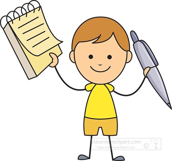 stick figure student holding large pen and note pad