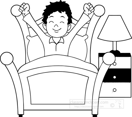 Children Outline Clipart-black white boy in bed waking up in the