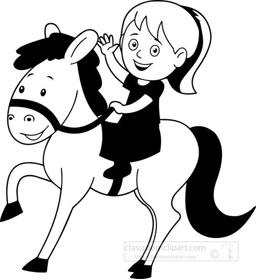 Children Outline Clipartblack white girl on horse preparing for a ride clipart