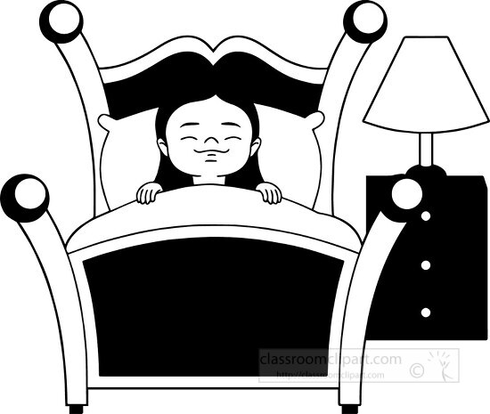 Children Outline Clipart-black white girl sleeping in bed clipart