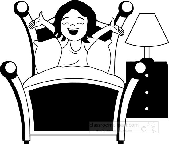 Free Children Kids Outline Clipart - black white girl waking up in the ...