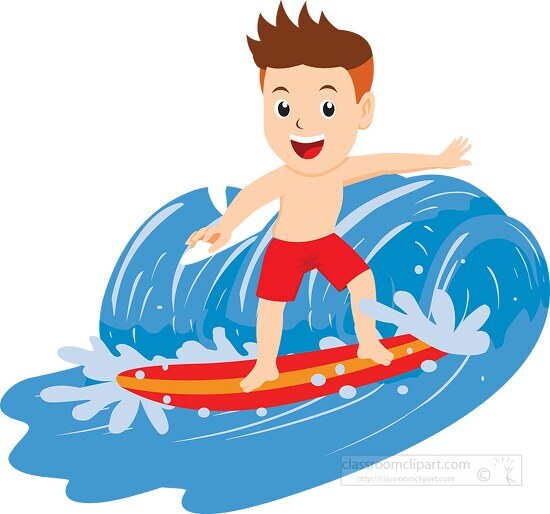 boy on surf board riding large wave clipart - Classroom Clip Art