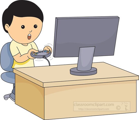 boy playing video games with joystick on computer - Classroom Clip Art