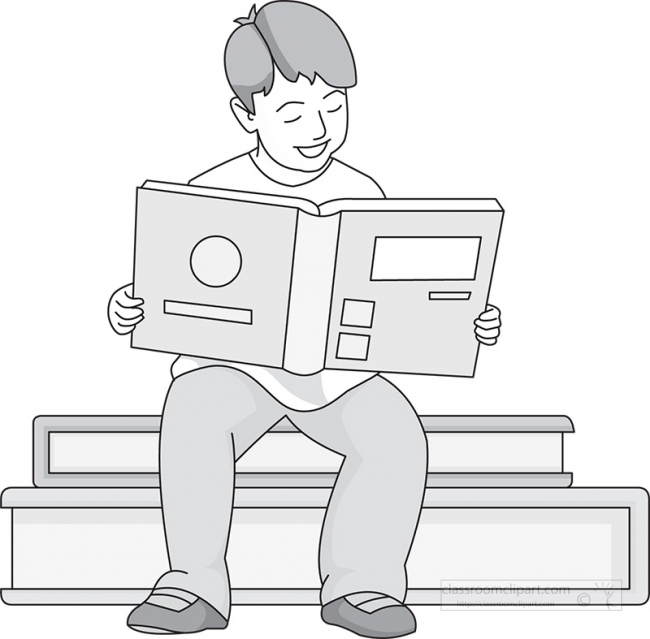 boy reading book gray 0221 - Classroom Clip Art