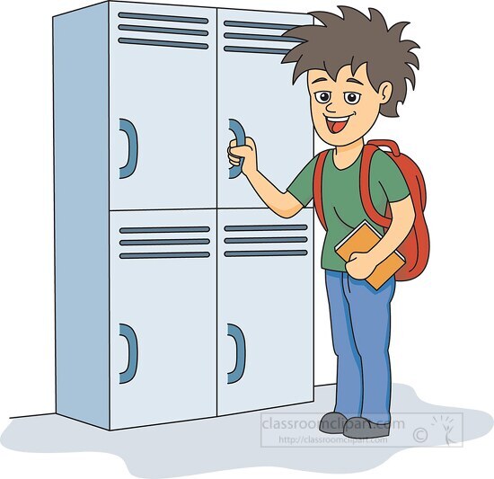 boy standing near his school locker clipart