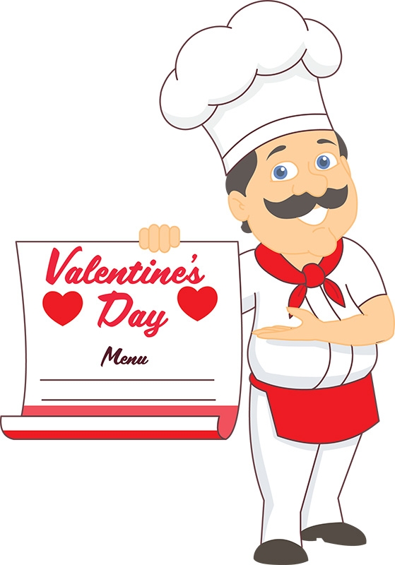 chef holding valentines day menu sign - Classroom Clip Art