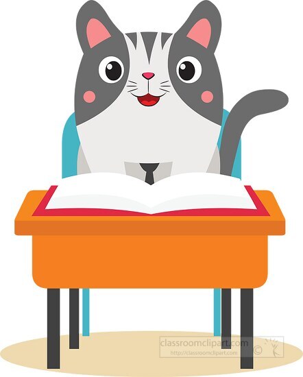 cute cat character studying in the classroom clipart