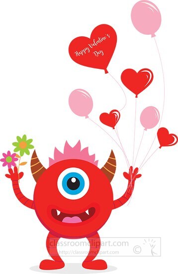 cute red monster holding valentine balloons - Classroom Clipart