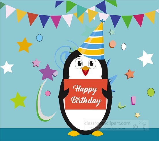 enguin wearing birthday hat holding birthday card blue backgroun ...