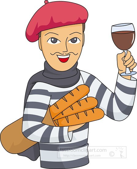 French Man With Bread And Red Wine Clipart Classroom Clip Art