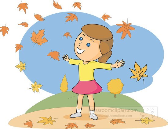 happy girl surrounded by falling autumn foliage - Classroom Clip Art