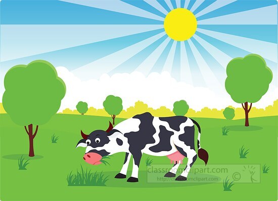 illustration of beautiful nature scene sun shining cow on grassf ...