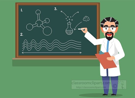illustration of professor teaching science in classroom with cha