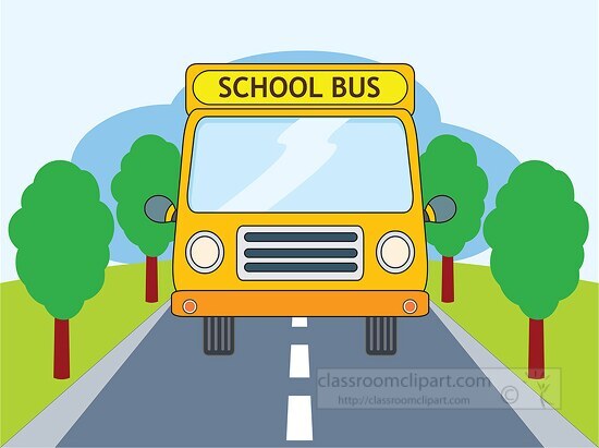 school bus on tree lined road - Classroom Clip Art