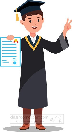 student shows peace sign while showing off degree on graduatio ...