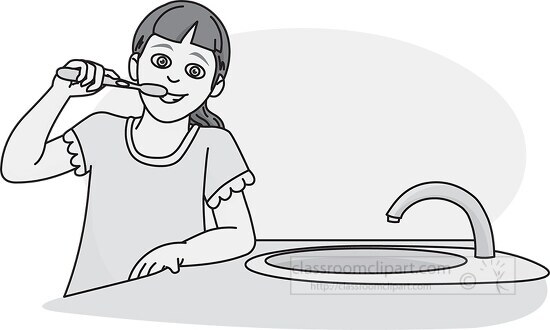 Young Girl Brushing Teeth Gray Clipart - Classroom Clip Art