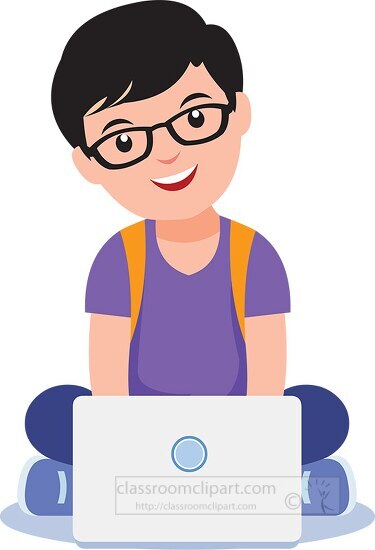 student boy working on laptop clipart