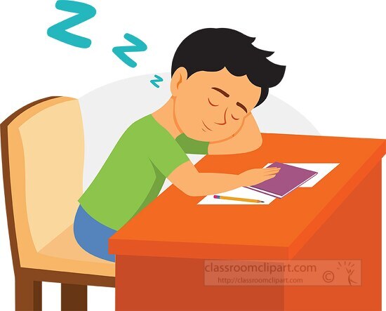 student falls asleep on desk in classroom clipart