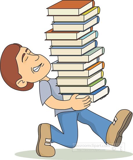 student holding large stack books