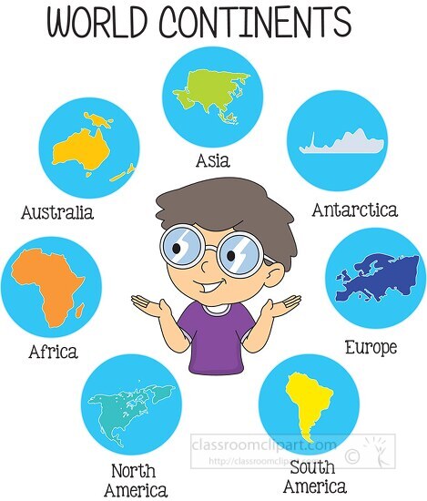 student showing the seven world continents clipart