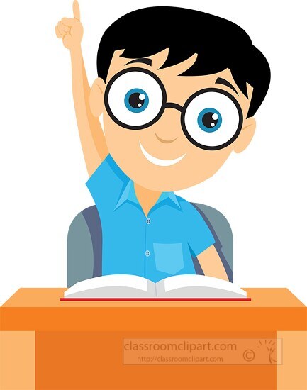 student wearing glasses raising hand in the classroom clipart