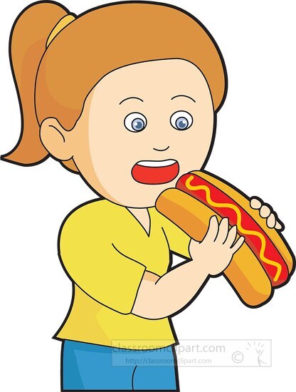 Suprised girl eating a hotdog Clipart