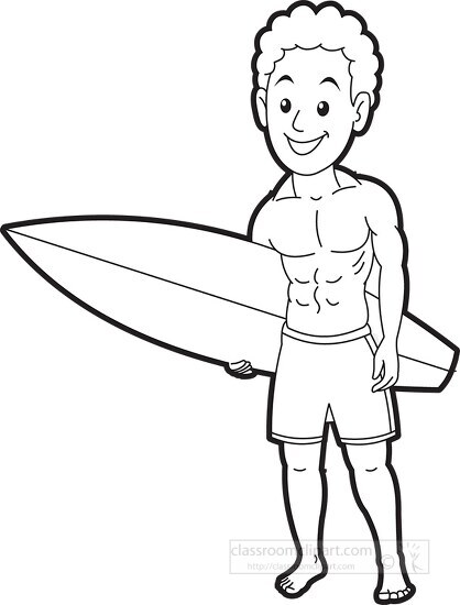 surfer holding surfboard black outline clipart