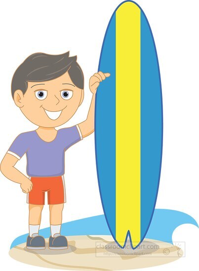 surfer standing next to surfboard at beach clipart