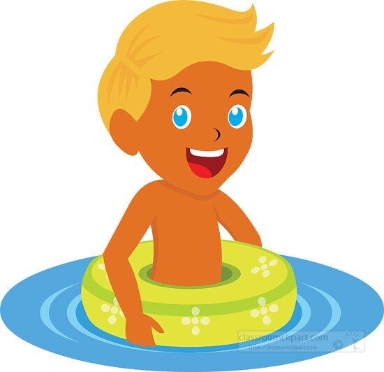 tanned boy swimming in pool with innertube clipart