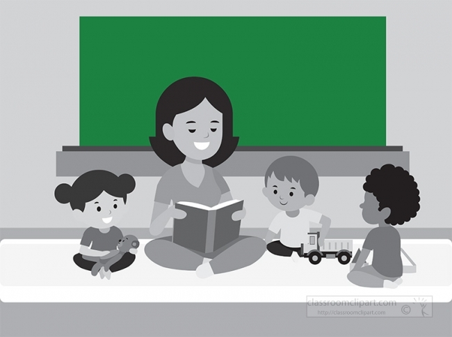 teacher reading to little studentss in kindergarten gray color