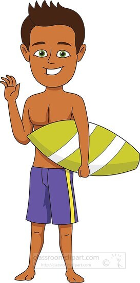teenage boy in shorts holding surf board waving clipart