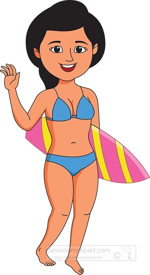 teenage girl in a swim suit holding surf board waving clipart