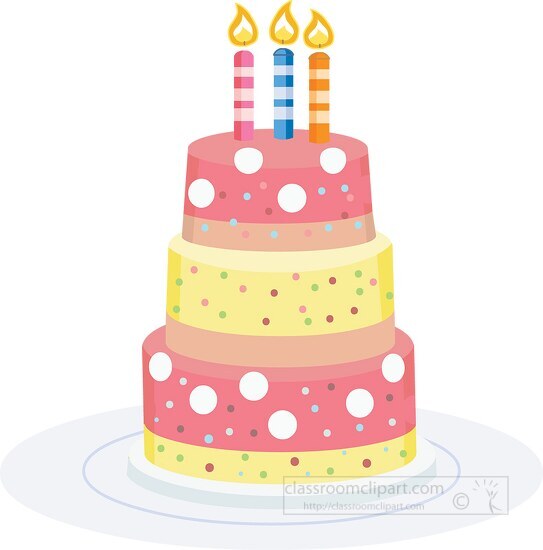 three layered birthday cake with candles