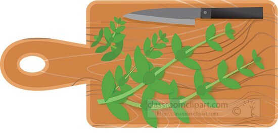 thyme on wood cutting board with knife clipart